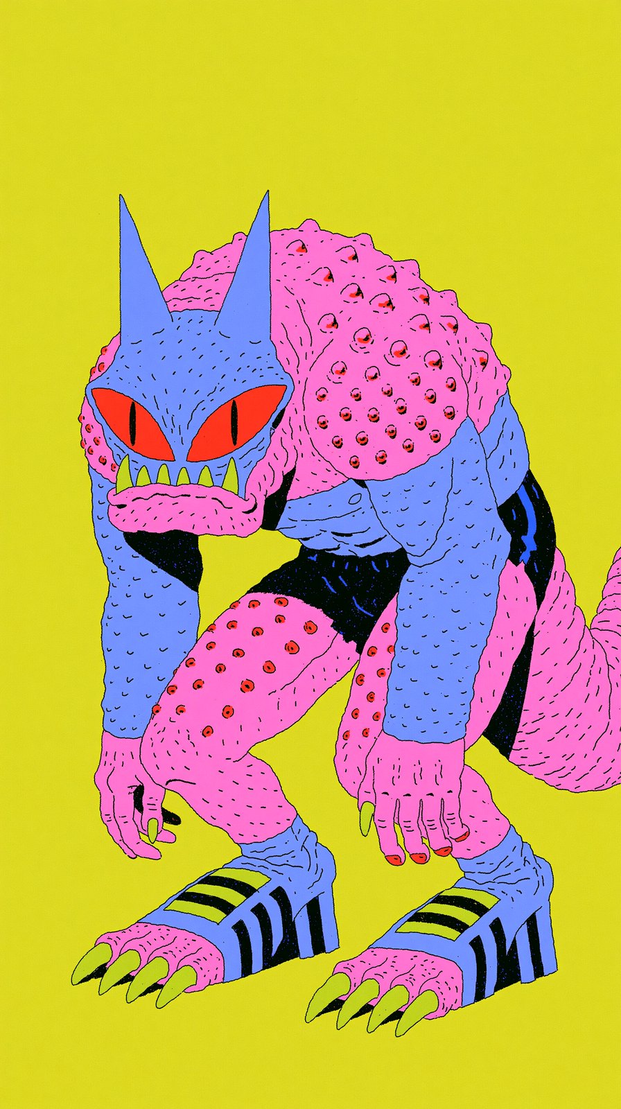The monster — blue and pink mottled hide, tall bat ears, red slit eyes, green fangs, chunky striped platform sneakers