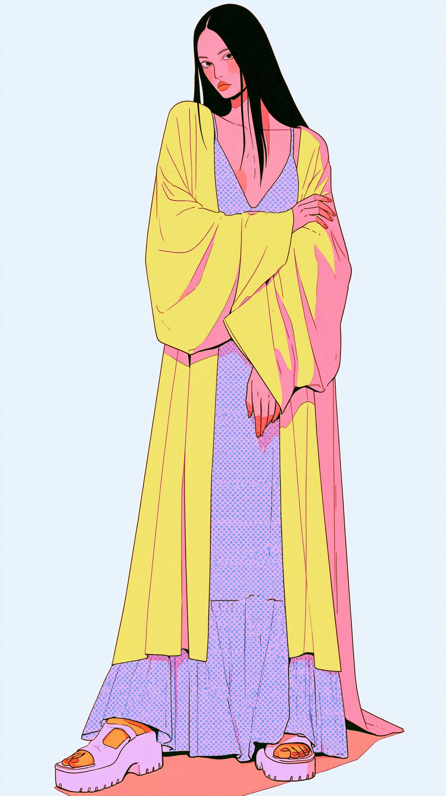 The woman — long black hair, oversized yellow robe over a lilac polka dot slip dress, lilac platform sandals