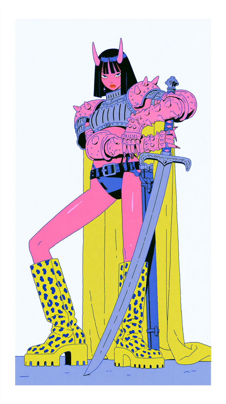 The warrior — pink skin, black bob with bangs, two pink horns, spiked armour, greatsword, leopard print platform boots