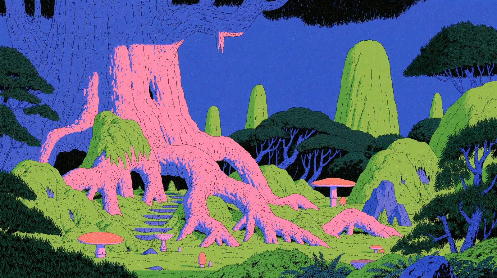 The neon forest at night — a giant pink rooted tree, moss and glowing red mushrooms under a cobalt sky