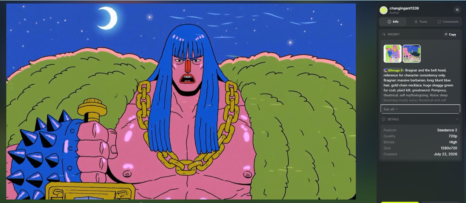Seedance still — Bragnar in heroic low angle, greatsword planted, blue hair and green fur coat, moonlit forest behind