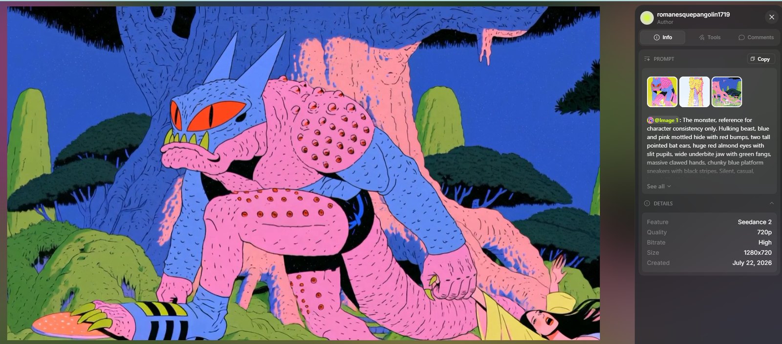 Seedance still — the monster drags the screaming woman through the forest by her wrist, bored