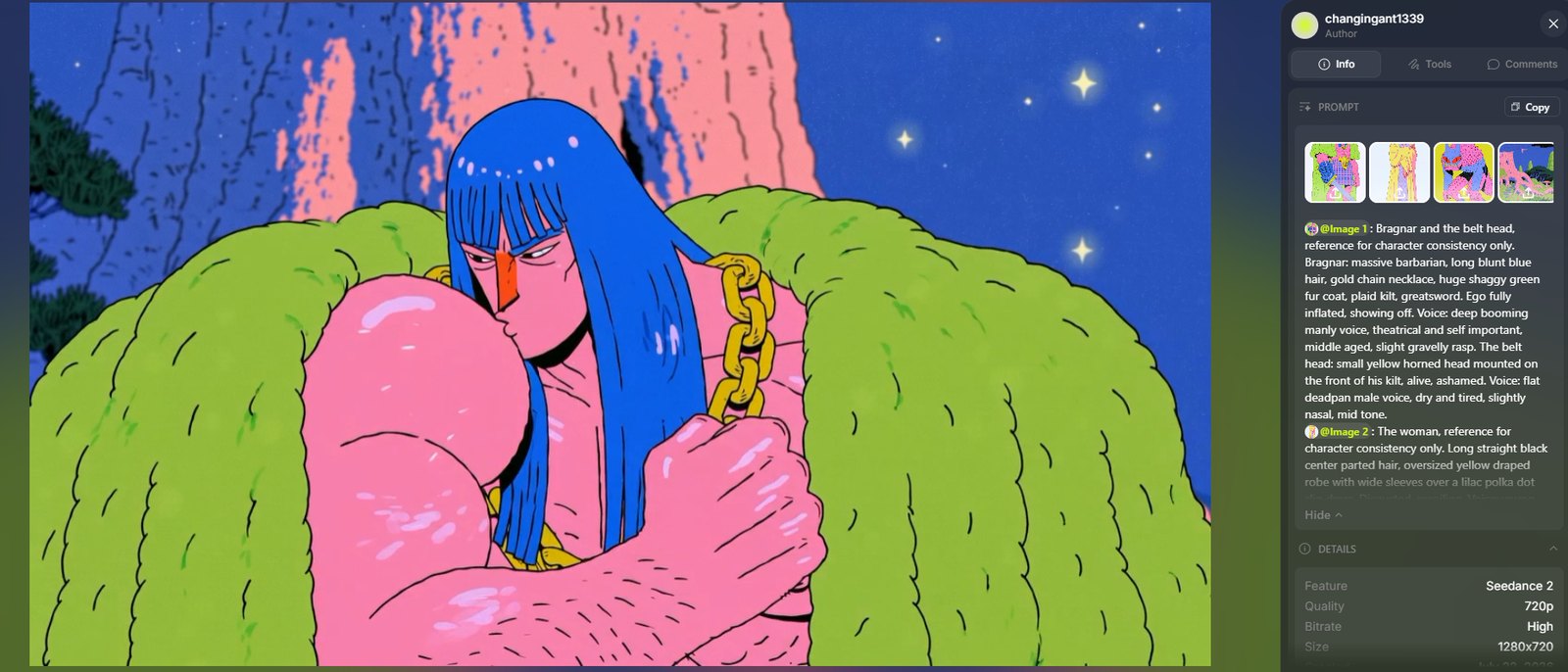 Seedance still — Bragnar hunched mid routine, blue hair over his face, gold chain, lime fur coat spread wide