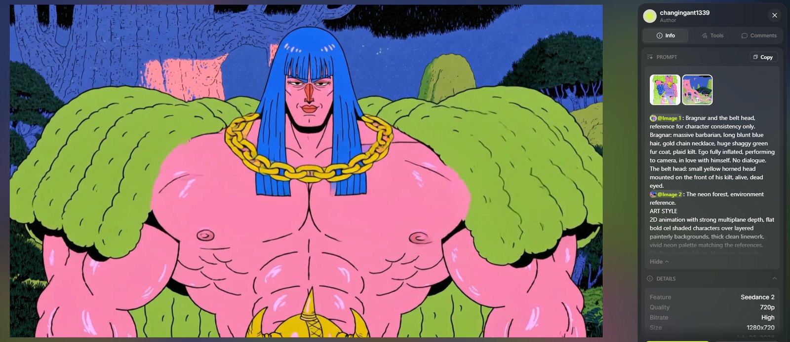 Seedance still — Bragnar flexing both arms directly to camera, chest out, gold chain, green fur coat spread wide