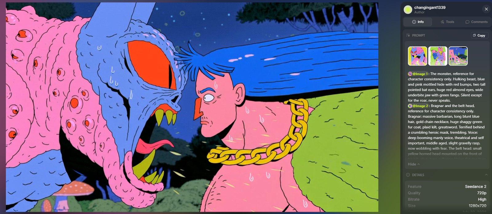 Seedance still — the monster roaring point blank into Bragnar's face in tight profile, his hair blown flat back