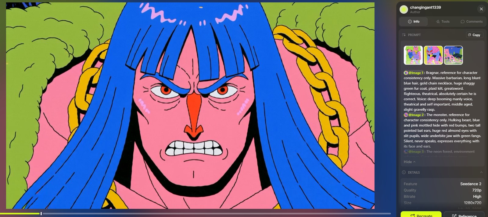 Seedance still — extreme close up on Bragnar's furious face, blue brows drawn down, teeth bared, gold chain
