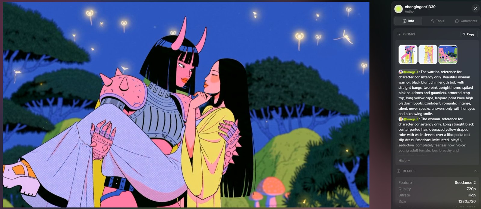 Seedance still — the warrior holding the woman in a bridal carry, faces close, glowing spores in the night forest
