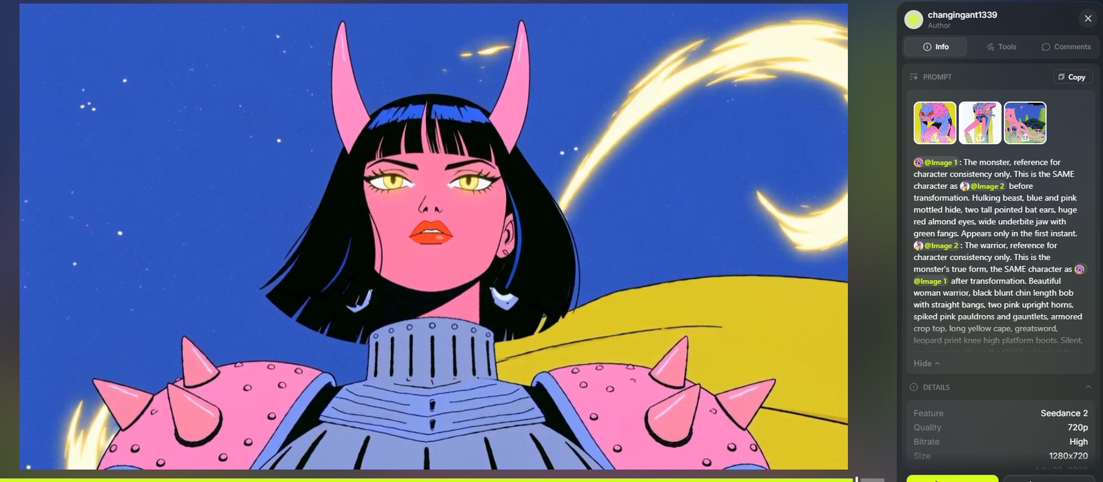 Seedance still — the warrior fully formed in low hero angle, pink horns against the night sky, gold irises