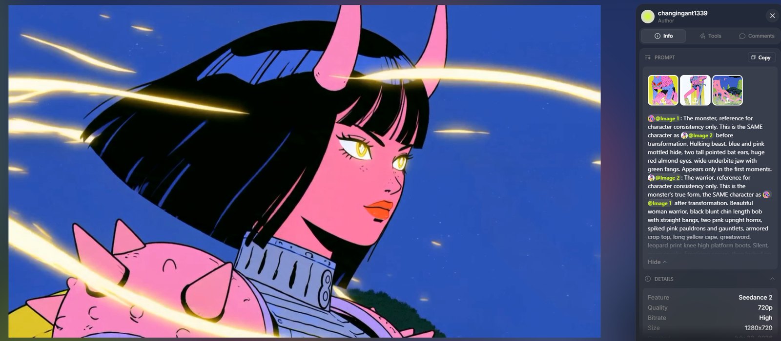 Seedance still — the warrior mid reveal, gold irises, pink horns, golden energy ribbons streaking horizontally