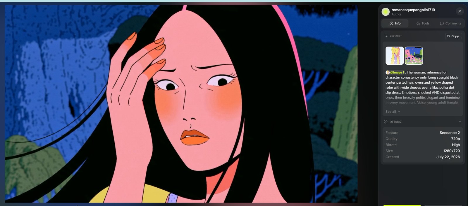 Seedance still — the woman in close up, hand raised to sweep her hair back, expression of shock and disgust