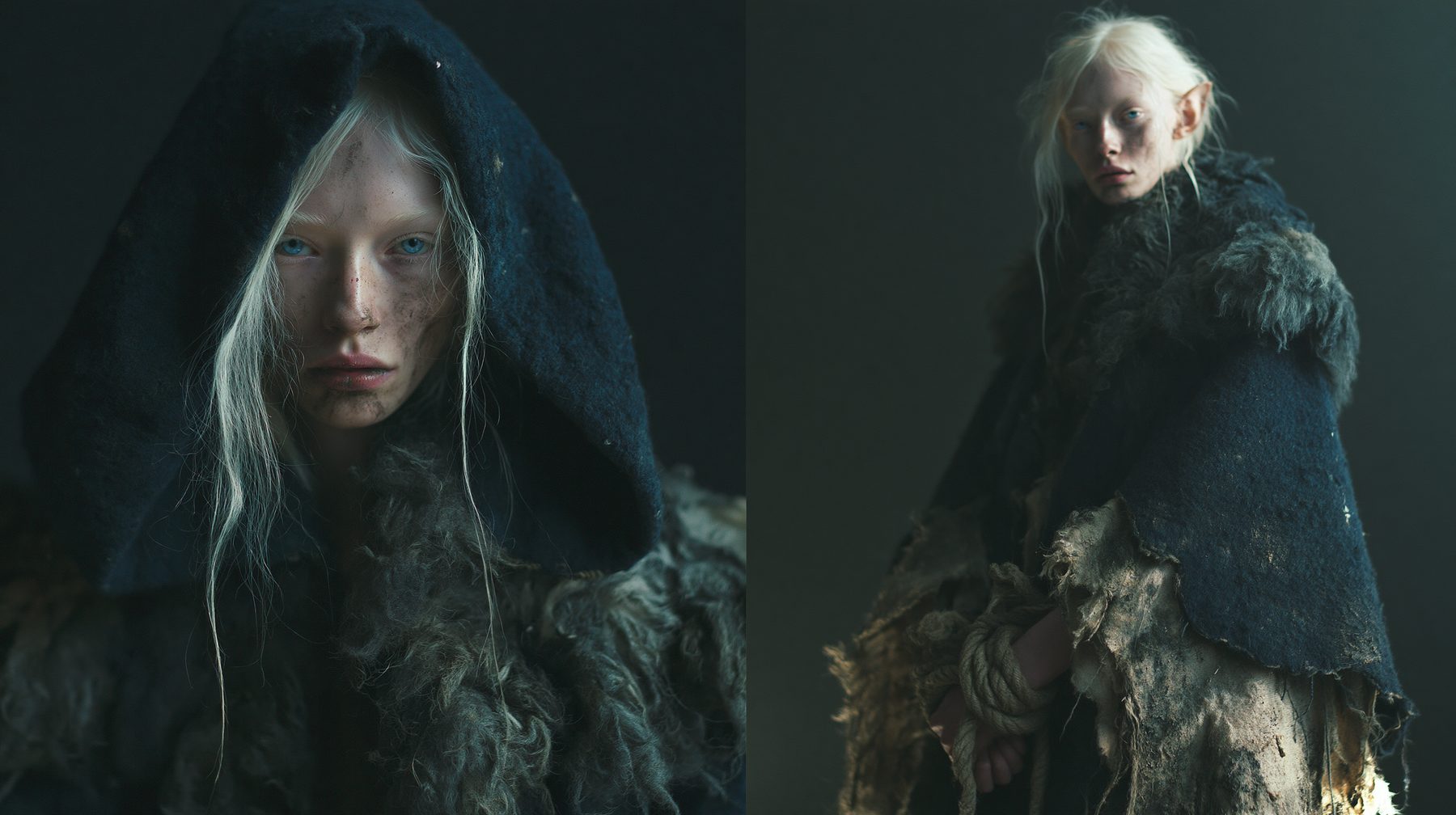 Aelira base generation — hooded prisoner close-up and full body, wrists bound