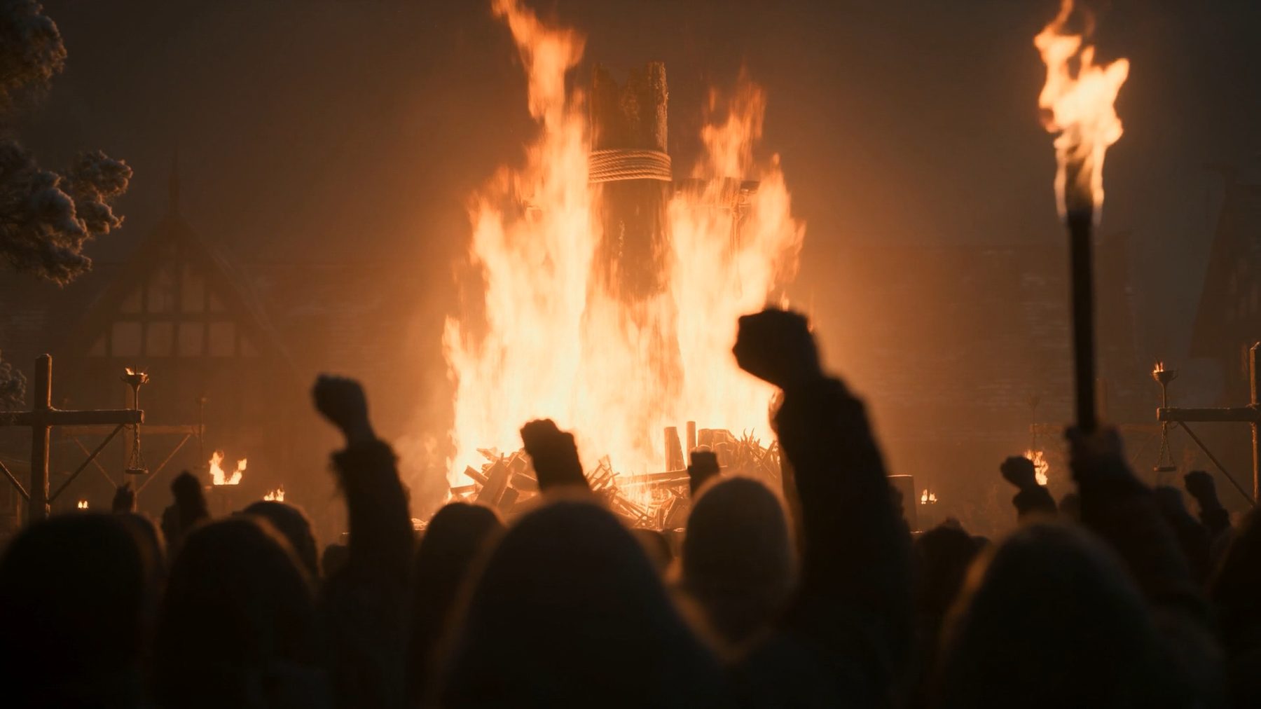 Seedance still — silhouetted crowd with raised fists before a giant pyre fire
