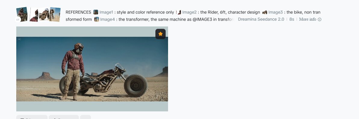 Seedance 2 still — the Rider standing beside the bike in the salt flats, just before transformation